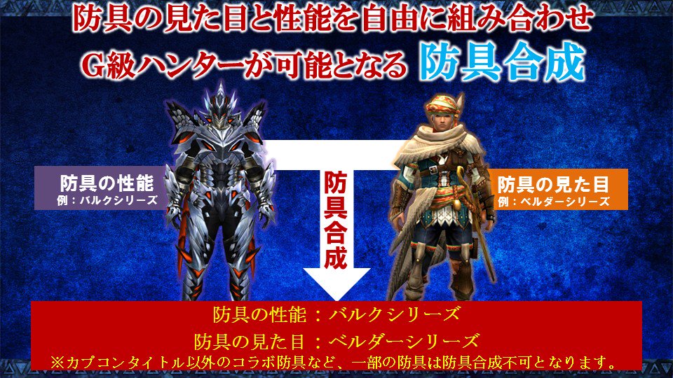 Mhxx Official モンハンダブルクロスでは防具の見た目と性能を自由に組み合わせる 防具合成 ができるようになりました カプコンタイトル以外のコラボ防具など 一部の防具は防具合成不可となりますhttps T Co Wy62lryp Mhxx