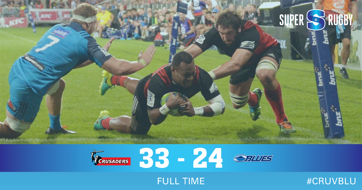FULL TIME - <a href="/crusadersrugby/">Crusaders</a> still undefeated after overcoming half deficit over <a href="/BluesRugbyTeam/">The Blues</a> #CRUvBLU #SuperRugby bit.ly/2muR8lb