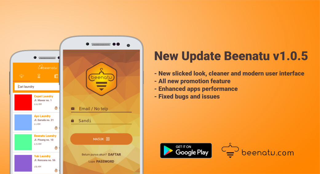 Beenatu_ID's tweet photo. Info update Beenatu v1.0.5
- Wajah baru
- Fitur promo laundry 
- Peningkatan performa aplikasi
- Perbaikan bug

#JumatBerkah https://t.co/Z6f6Nc5wvM