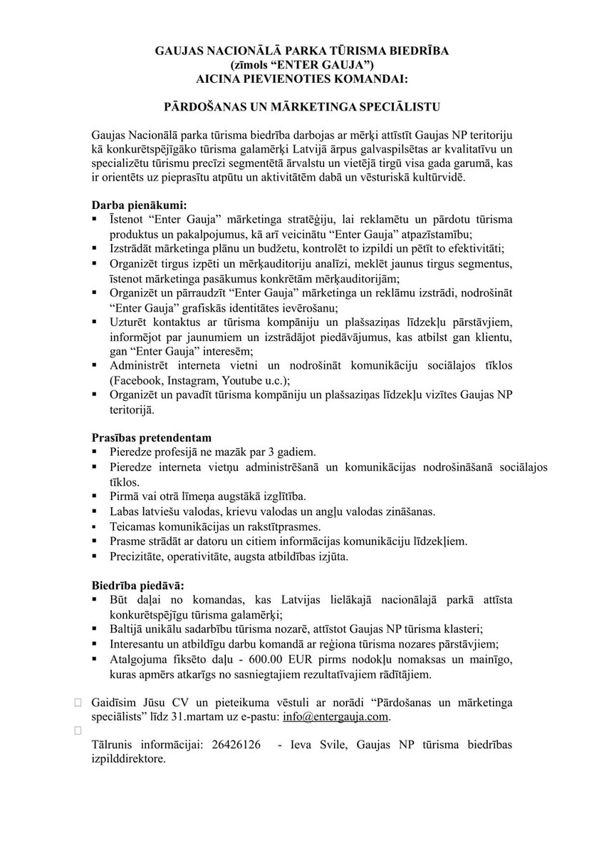 Darba piedāvājums EnterGauja.com pārdošanas un mārketinga speciālistam.