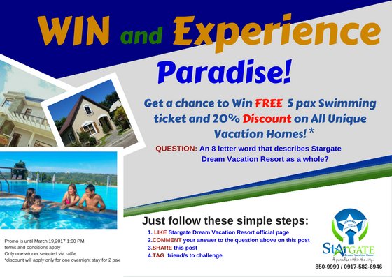 SDVR2015's tweet image. LIKE, COMMENT, SHARE &amp;amp; TAG!
Get a chance to WIN FREE 5 pax Swimming Ticket and 20% Discount on All Vacation Houses
facebook.com/officialSDVRac…