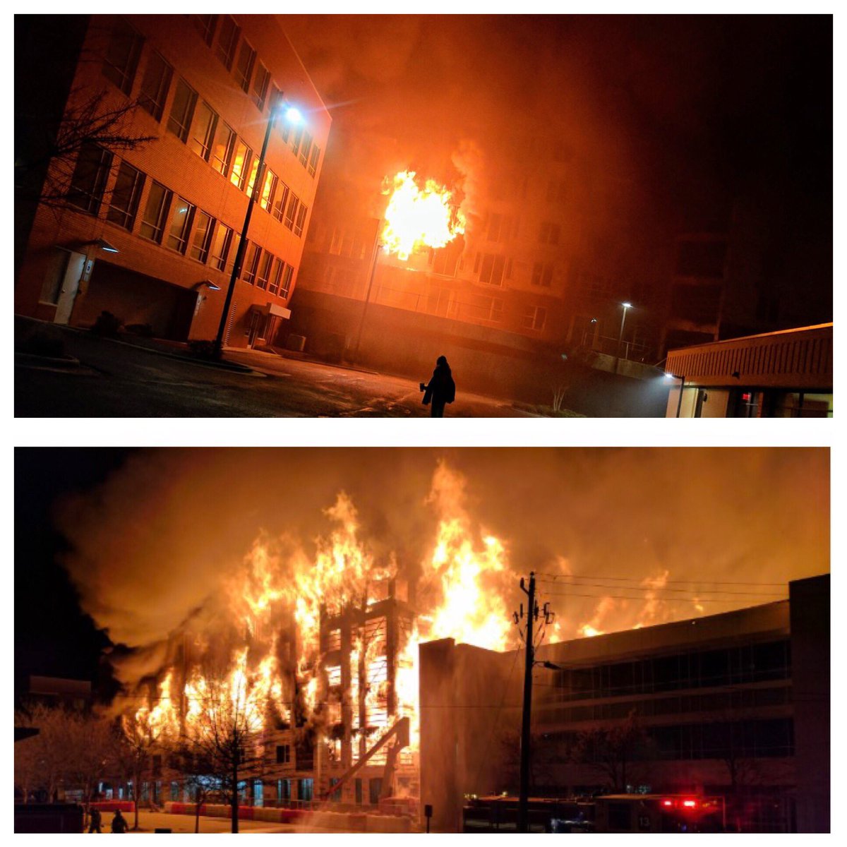 DWilsonABC11's tweet image. What a difference 8 minutes makes in #Raleigh fire. Eric Debrah took top photo at 10:03. Bottom photo at 10:11.