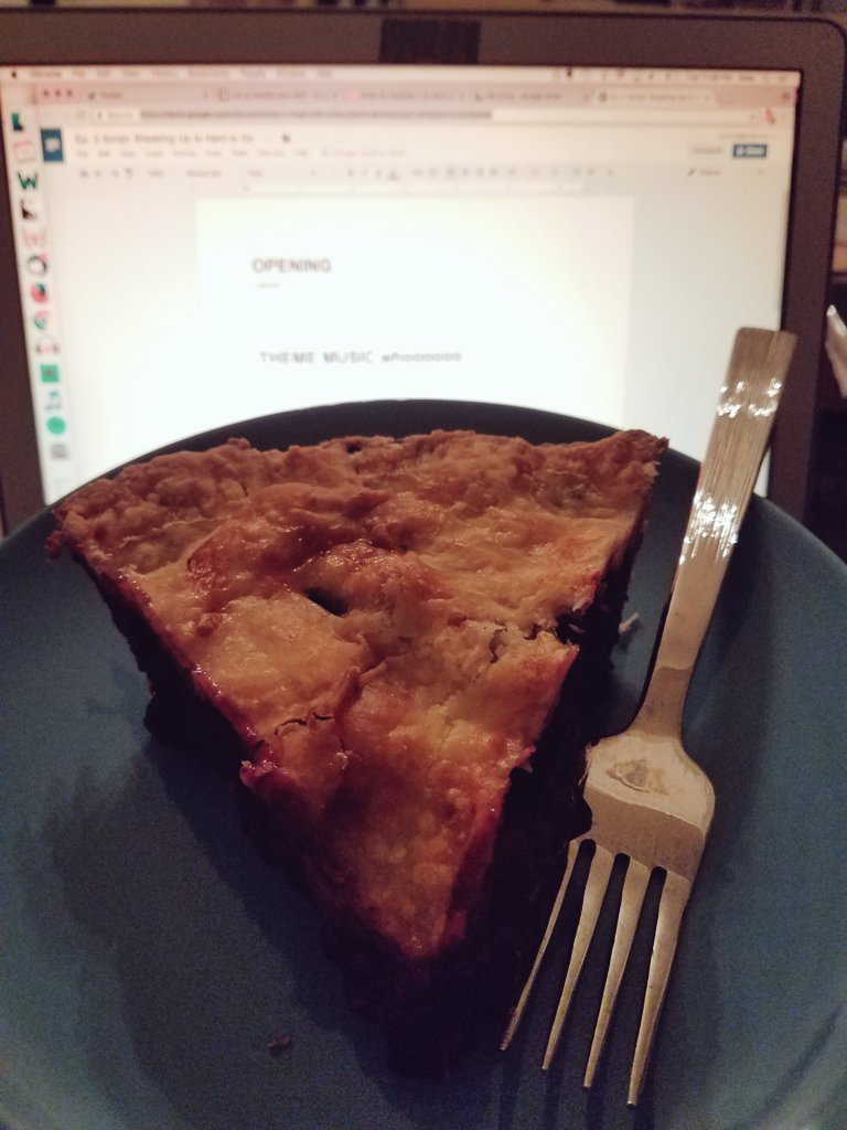 HYScast's tweet photo. Belated behind-the-scenes: outlining episode 2, fueled by a pie donation from friend of the show @catalinalaurab! https://t.co/JNSTfMFbj1
