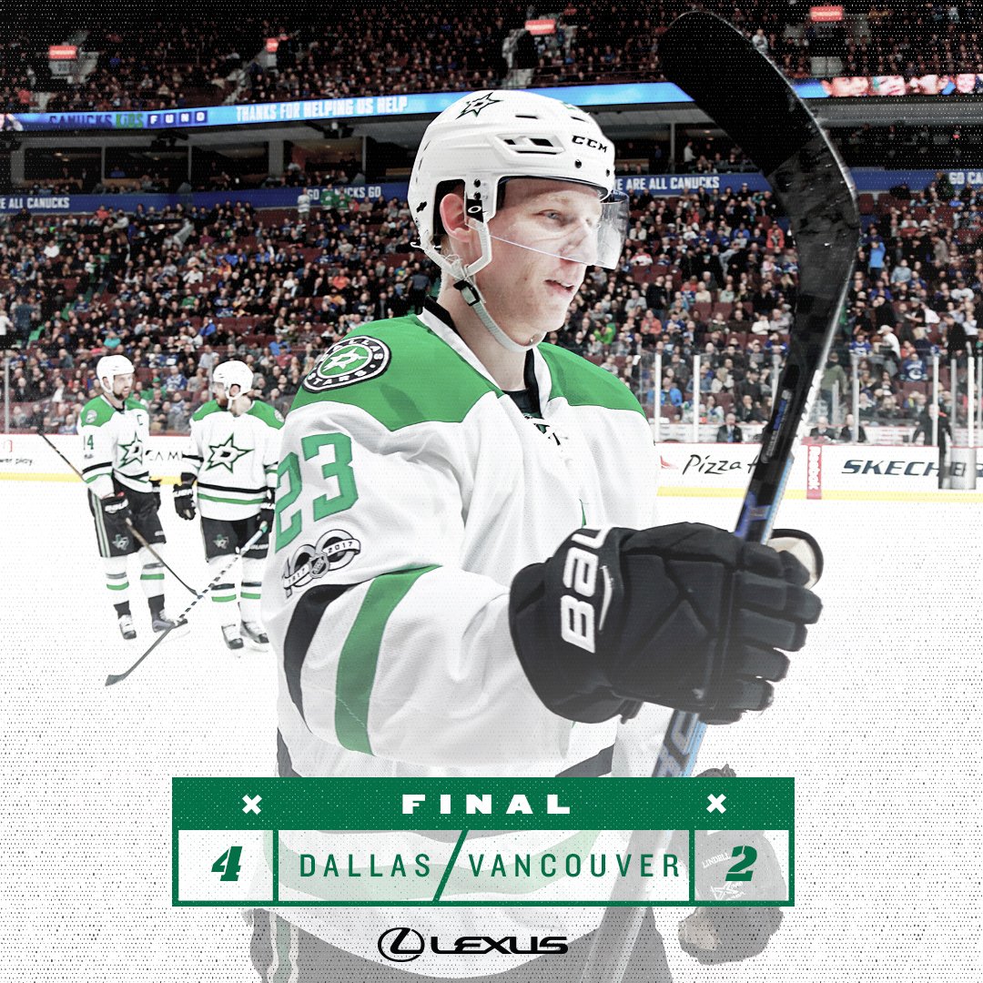 DallasStars's tweet image. STARS WIN!!! The boys respond in a big way with a 4-2 win over the Canucks! Back at it tomorrow in Calgary. #DALvsVAN