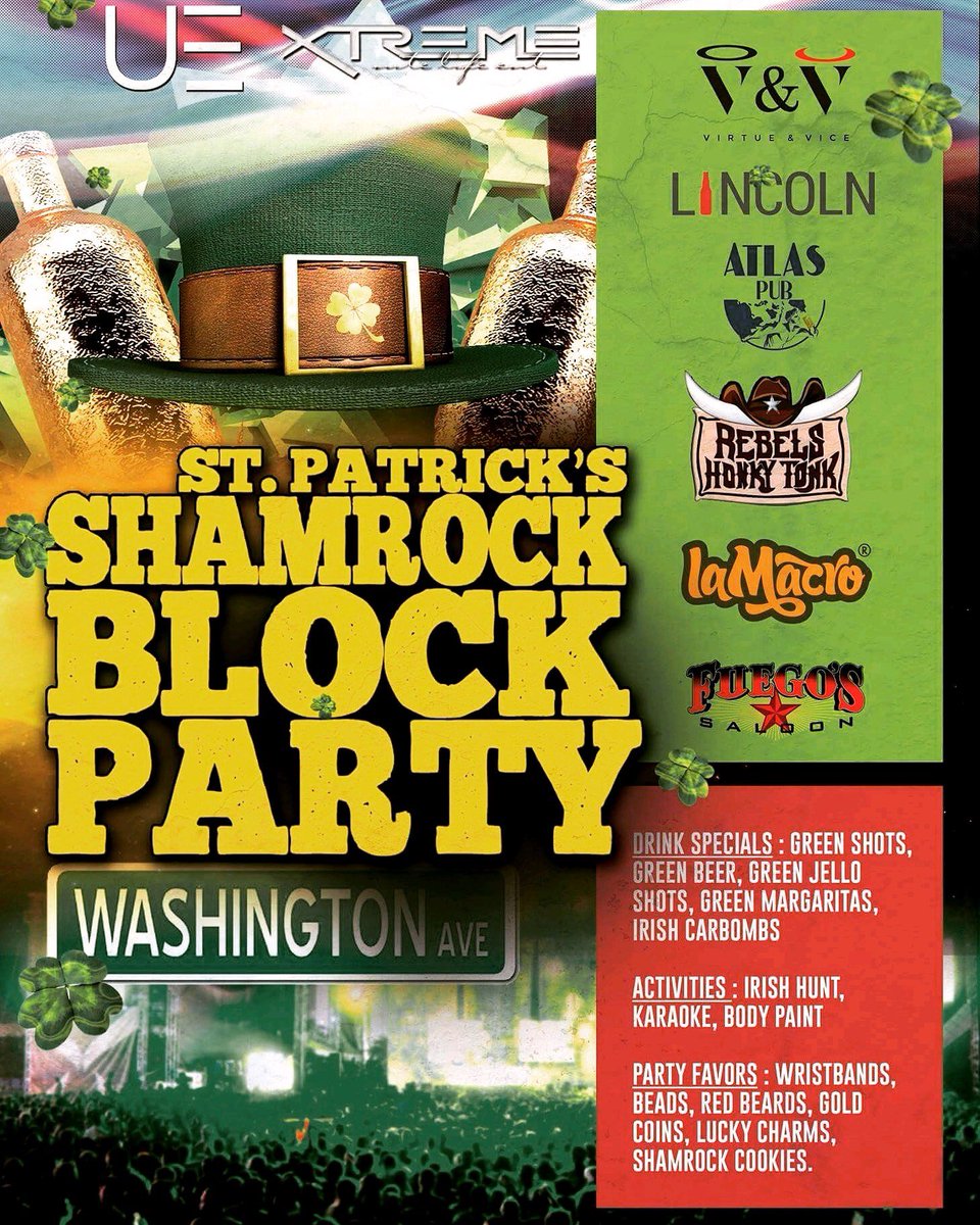 chillywillysbbq's tweet photo. #ChillyWillysBBQ will be serving it up all day on St Pattys Day for this #BlockParty on Washington Ave.  25% off those wearing green 🍺☘️🍀🍸🍀🍺 https://t.co/tvr3v0Loay