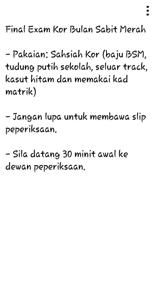 BSMJengka's tweet photo. [PERHATIAN] Berikut merupakan butiran bagi final exam kor pada hari esok (18 Mac 2017) https://t.co/4OCVXdxZ0e