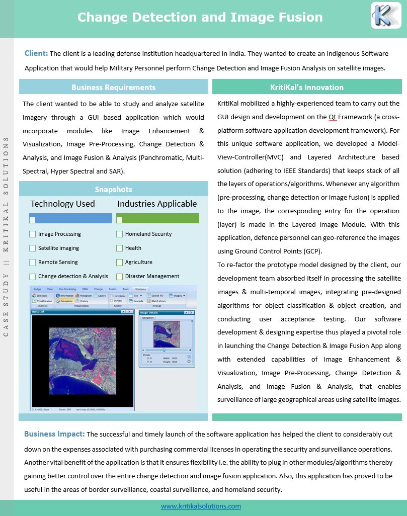 Read our latest case study of a project in #ImageEnhancement #ImagePreProcessing #ChangeDetection & #ImageFusion. 
kritikalsolutions.com/index.php