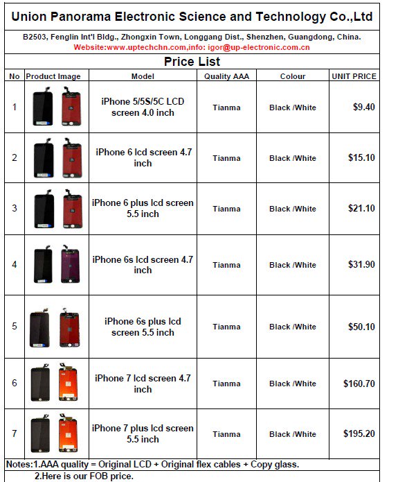 LCD_TouchScreen's tweet image. Our new Price list for LCD touch screen iPhone, quality AAA, if you need, Please let me know