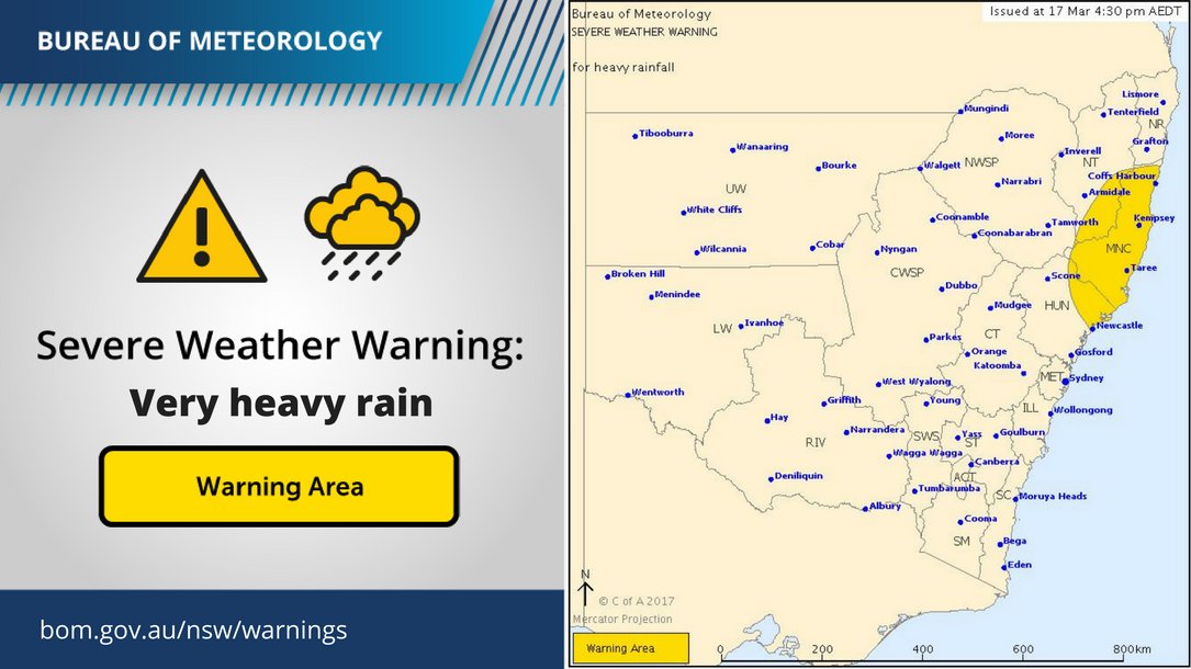 BOM_NSW's tweet photo. Severe weather warning: Heavy rain forecast for N/E parts of #Hunter tonight, extending north tomorrow. Details  https://t.co/Ss766eSCrL https://t.co/PJX8xJTd6v
