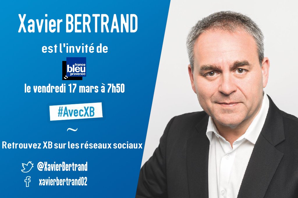 xavierbertrand's tweet photo. Je serai l'invité de @bleuprovence ce matin à partir de 7h50. https://t.co/7hmf3AV1f4