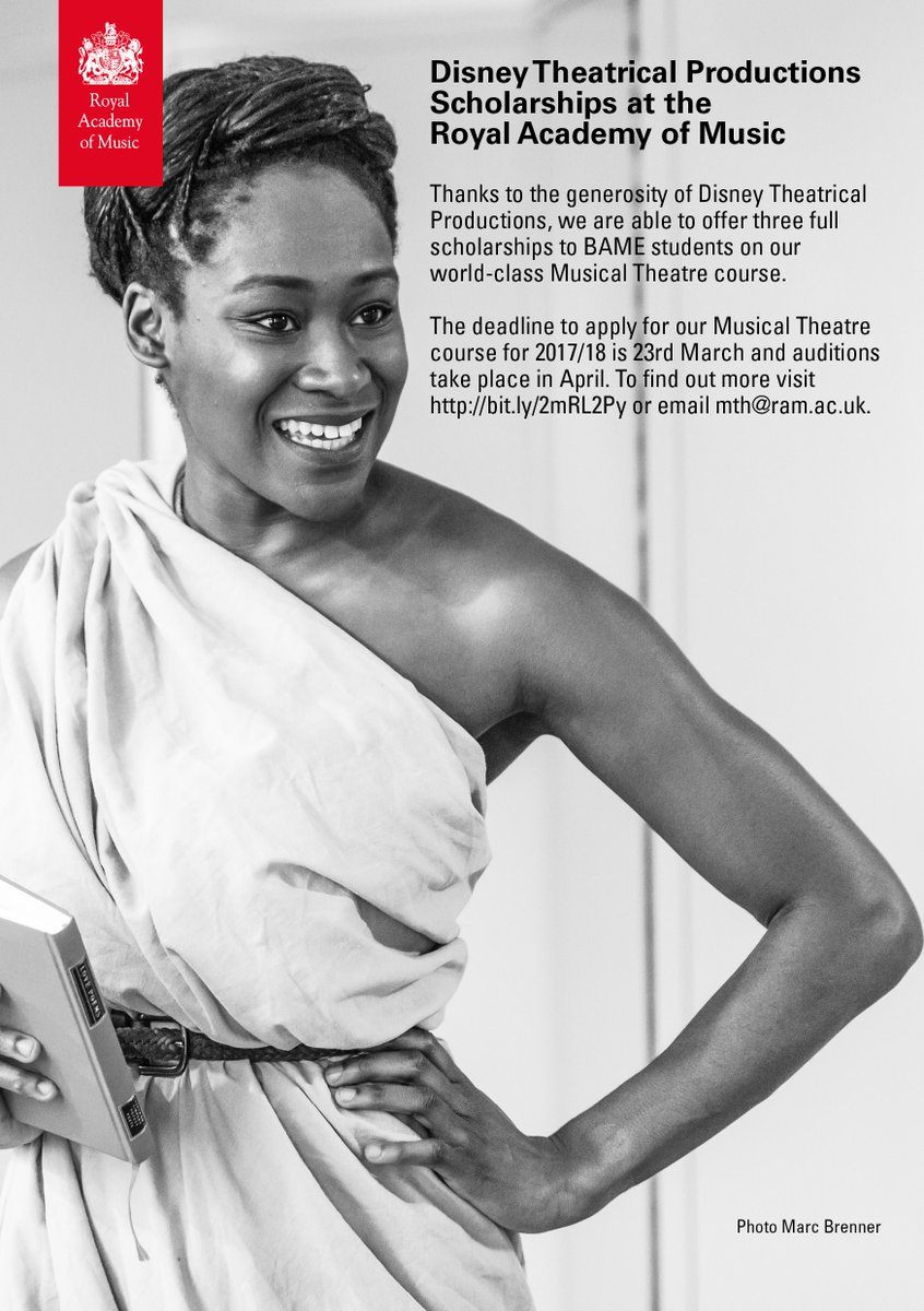 RoyalAcadMusic's tweet photo. We are offering 3 Disney Scholarships for #BAME #MusicalTheatre students. Deadline for 17/18 is 23 March. More info: https://t.co/szH0Fgik4B https://t.co/JpVGYJMv5V