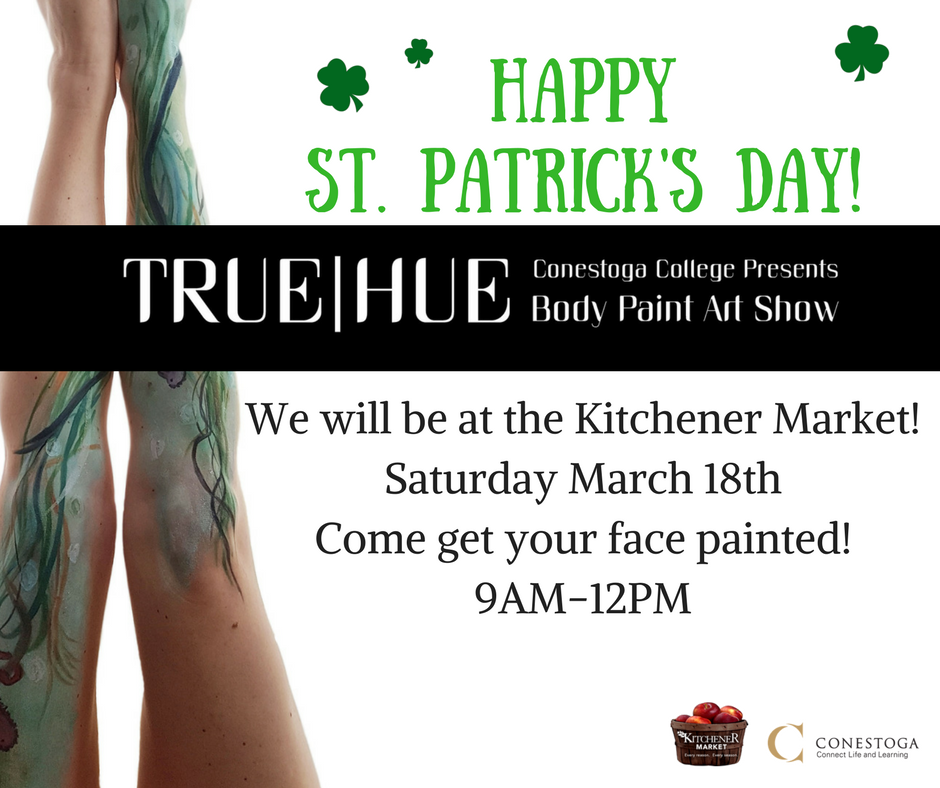 KatrinaSnider's tweet photo. Happy St. Patrick's Day from the True Hue Team. We will be at the Kitchener Market tomorrow from 9-12! Come get your face painted. https://t.co/yf0fGNDtye