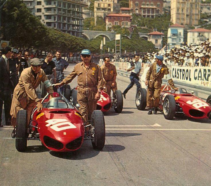Monaco 1962.  The Ferrari 156's of Mairesse, Bandini and Hill make their way to the grid.