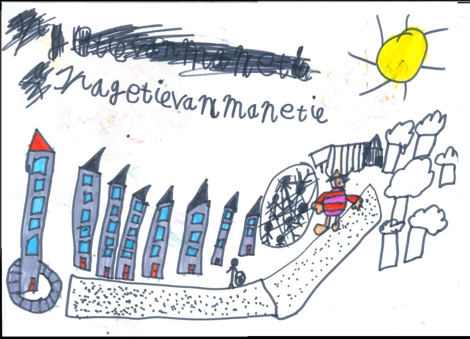 Tekening van leerling st Jozefschool nav de voorbereidingen op de muziekvoorstelling Spaghetti van Menetti.