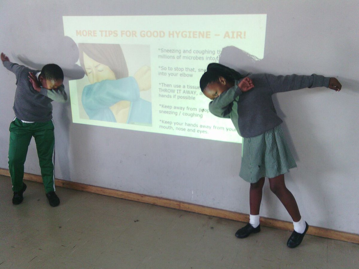 “Talking about sneezing into the elbow. The students asked to demonstrate how they will do it. They went on doing a popular hip-hop dance.
