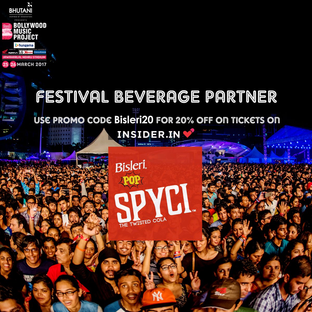 BisleriPop's tweet photo. Avail the code below and receive 20% off on on your tickets to the @bmp_online 2017, exclusively on @insiderdotin! https://t.co/ybh0R0aK1E