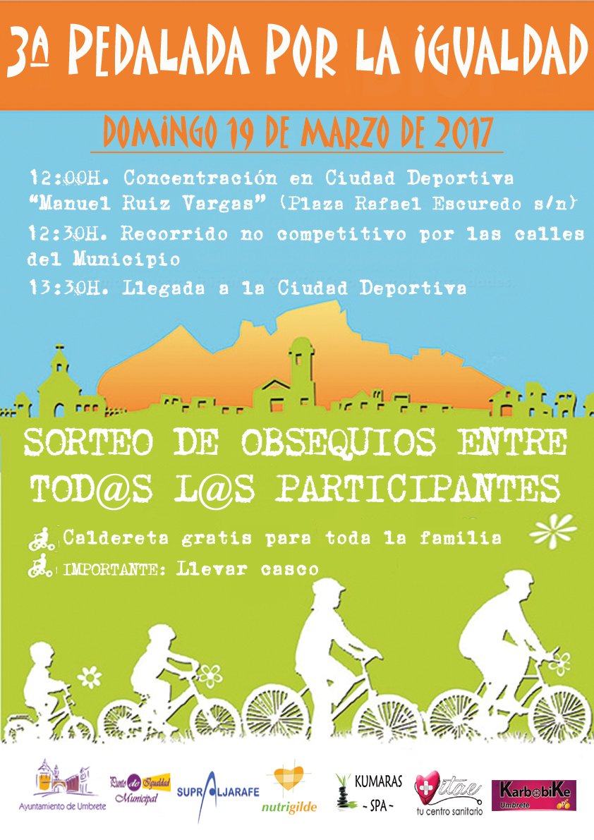 Domingo 19 de marzo a las 12:00 h, "3ª Pedalada por la Igualdad" por las calles de #Umbrete. Con sorteo de obsequios y caldereta gratuita.