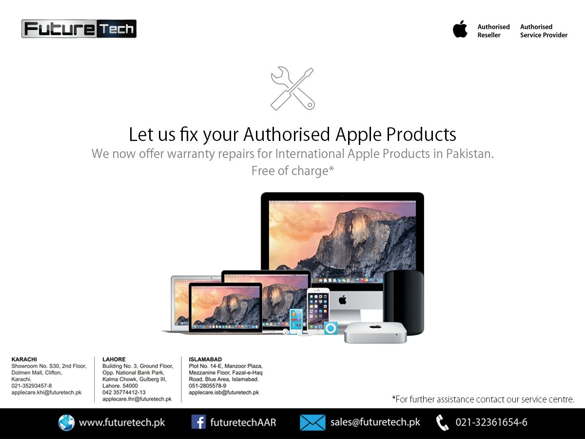 FutureTechAASP's tweet image. Good News for Apple Users in Pakistan. Let Us Fix your Authorised Apple Product.
#Warranty
#Claim
#Apple 
@FutureTechAAR