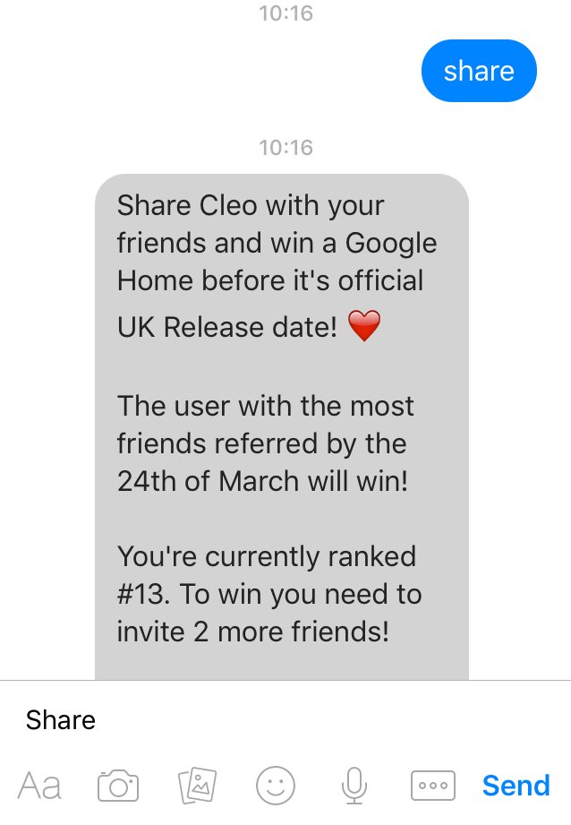 🎺  One week until we give away a Google Home! Want a chance to win? 🎺 
Just tell Cleo 'invite friends' and invite your friends.