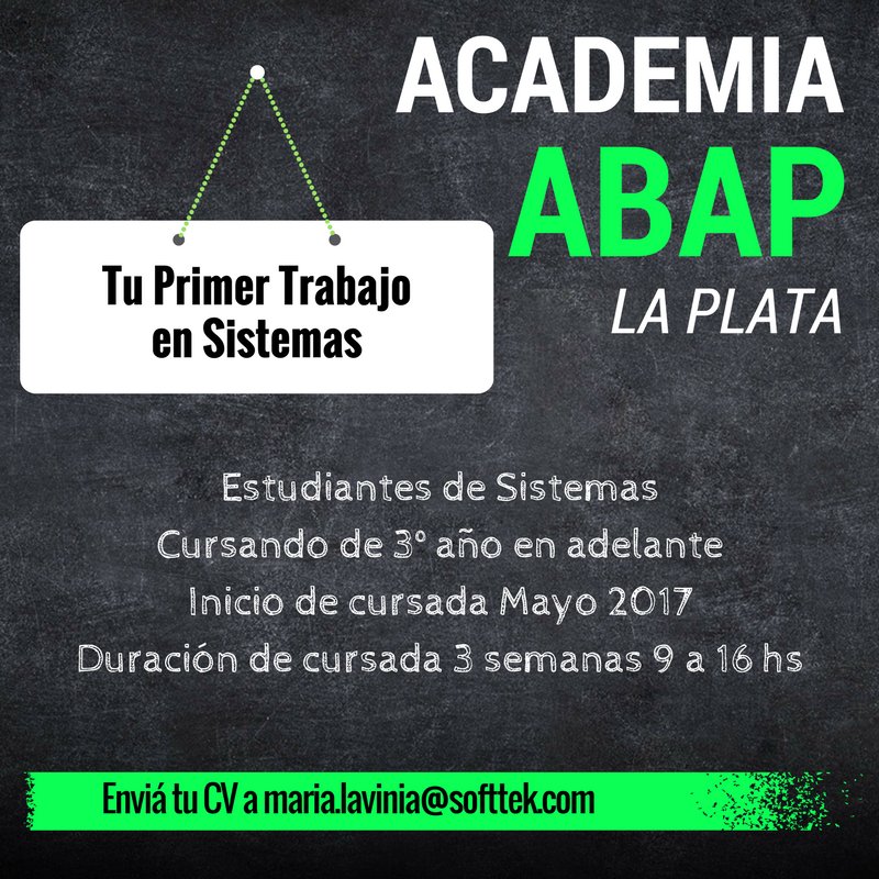 PerfilesIT's tweet photo. Sos de #Laplata y buscas tu primer #empleo en #sistemas??
En #SOFTTEK #ARGENTINA te damos la oportunidad de iniciarte en #abap https://t.co/jgZ5sgJwfM