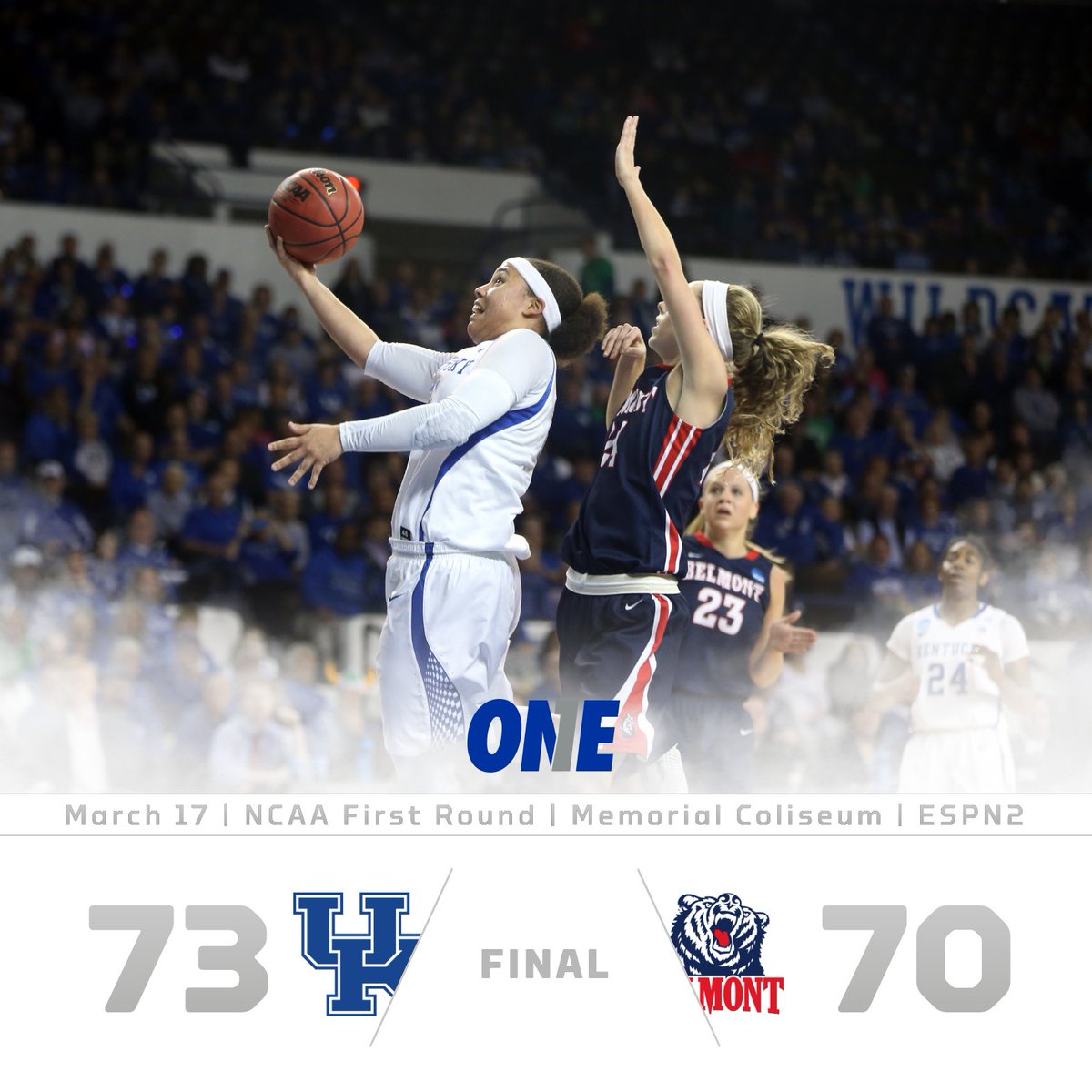 KentuckyWBB's tweet photo. Kentucky 73, Belmont 70 - FINAL

Wildcats advance to the second round of the NCAA Tournament and will play Ohio State/WKU Sunday. #ONE https://t.co/tzrsOurrCo