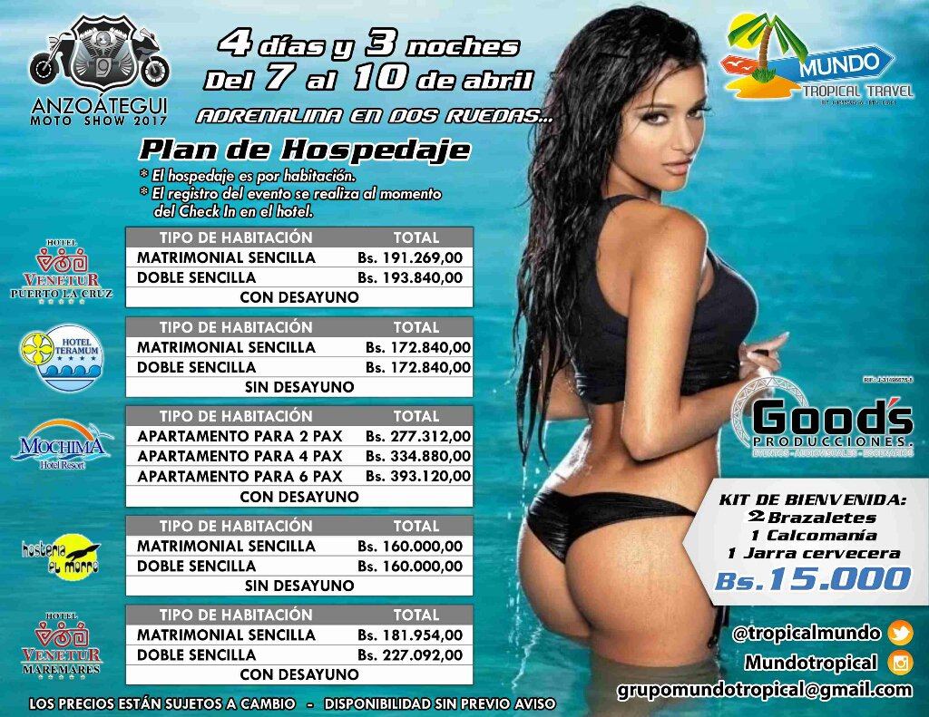 AnzMotoShow's tweet photo. Garantiza tu hospedaje para el #AnzMotoShow2017 con los panas de @TropicalMundo manejan tarifas especiales #Evento #MotoClub https://t.co/CsxWyYCcKA