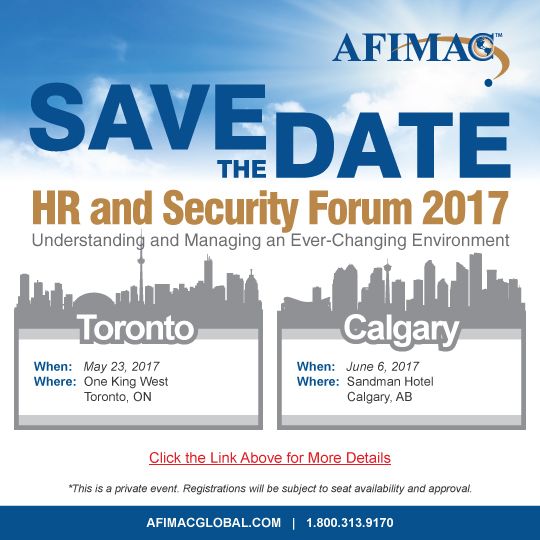 AFIMACGlobal's tweet photo. Join us for our annual #HR &amp; #Security Forum in #Toronto or #Calgary! Space is limited, register today: https://t.co/YcSuydvtwW https://t.co/MaQPSa6sGX