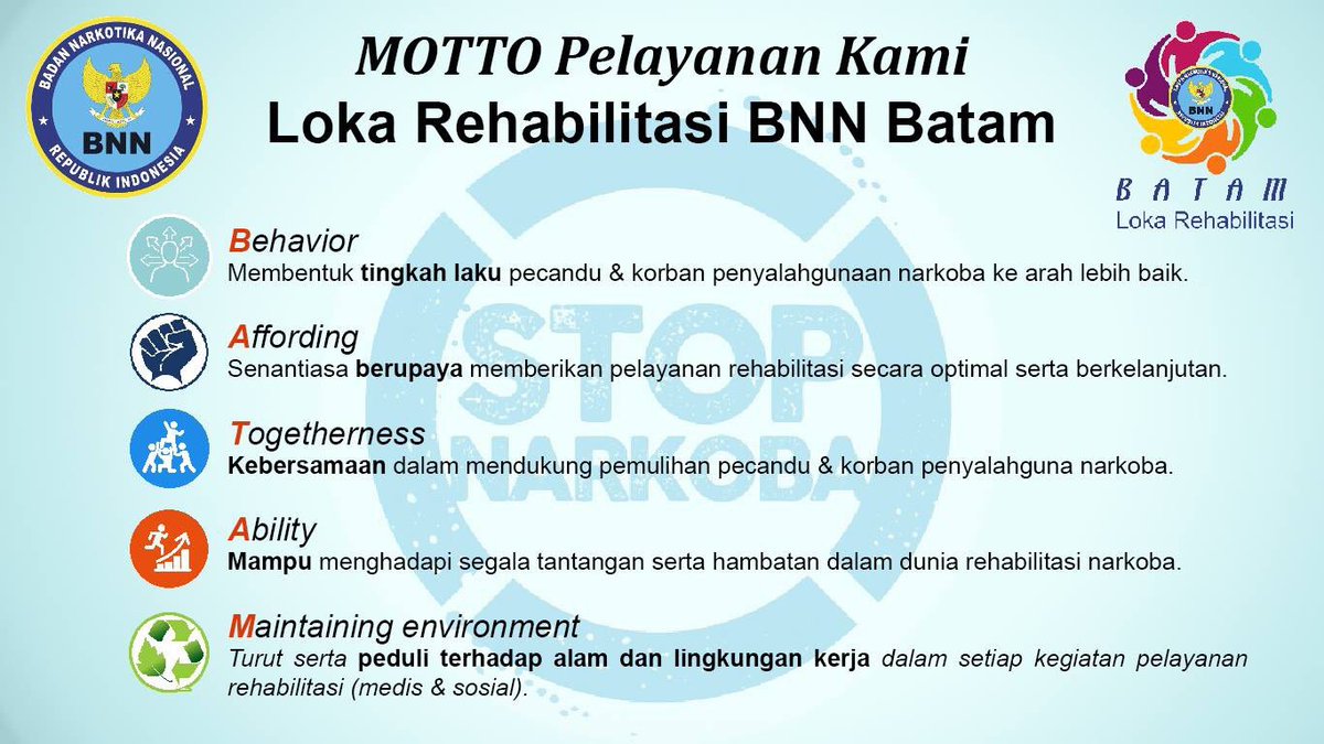 rehab_batam_bnn's tweet photo. MOTTO Pelayanan Kami "BATAM"
#Behavior
#Affording
#Togheterness
#Ability
#MaintainingEnvironment https://t.co/j8NupMcPbE