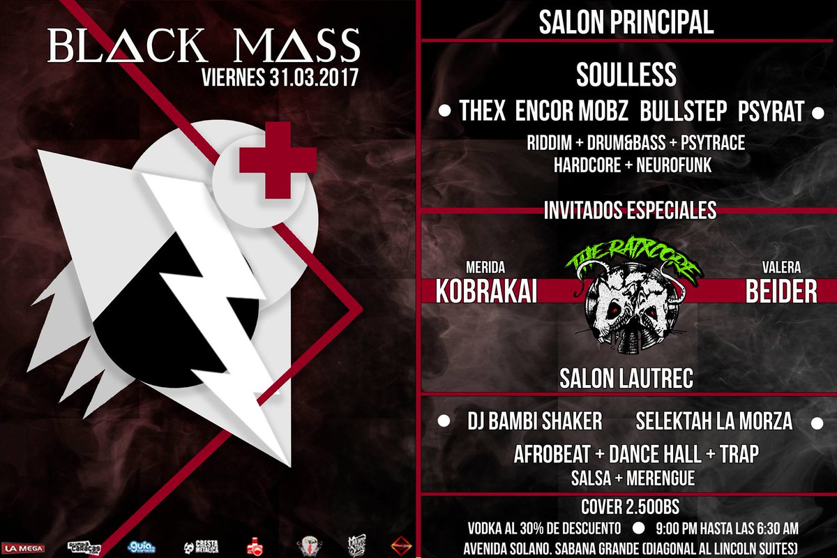 ElMolinoCcs's tweet photo. Β‘Descarga el viernes #31marzo con #BlackMass! π @TheRatxcore β @SoullessCrew β @DjBambiShaker β @SelecthaLaMorza πΊ 30% #PromoVodka πΊ #2salas https://t.co/JLaDWQQ2ug