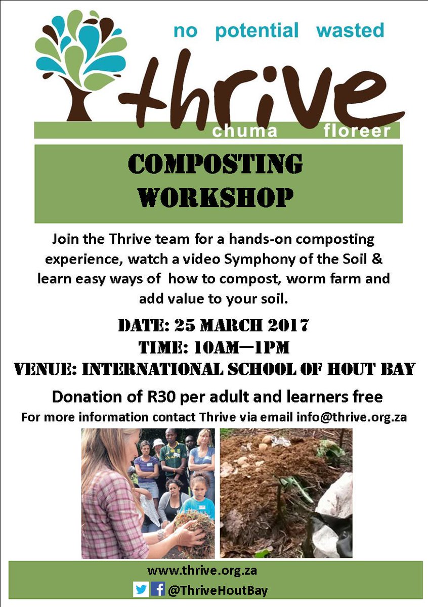 ThriveHoutBay's tweet photo. Want to learn how to make compost? Join us at our annual composting workshop. https://t.co/1o36C6CxoF
#ThriveHoutBay #NoPotentialWasted https://t.co/zCSjioLfCd