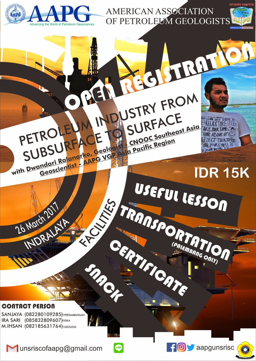 aapgunsrisc's tweet photo. [ONE DAY COURSE]
"Petroleum Industry from Subsurface to Surface." 
March, 26th 2017 
Indaralaya

Nb : 
- Transport excluding ticket🚍 https://t.co/MCk1Ukv7uH