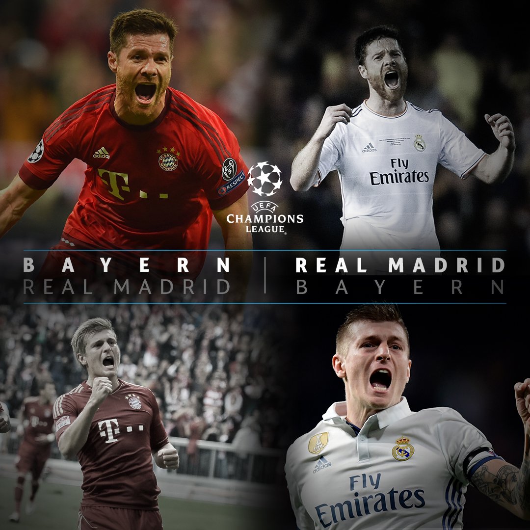 ChampionsLeague's tweet photo. Bayern v Madrid will mean a little bit more to Xabi Alonso &amp; Toni Kroos! 😉

Who will reach the semi-finals? RT for FCB, ❤️️ for RM.
#UCLdraw https://t.co/4CUJH3HkE3