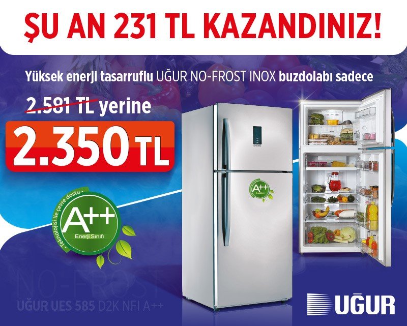 30 Nisan'a kadar "UĞUR UES 585 D2K NFI A++ NO - FROST BUZDOLABI" 2.581 TL yerine 2.350 TL... Detaylı bilgi için; ugur.com.tr/kampanyalar/ug…