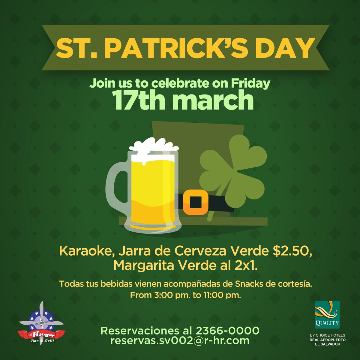 Le'ts celebrate #StPatricksDay.
From 3:00 pm. to 11:00 pm.
🍀Karaoke
🍀Cerveza Verde 
🍀Margarita Verde al 2x1.
🍀Snacks de cortesía.