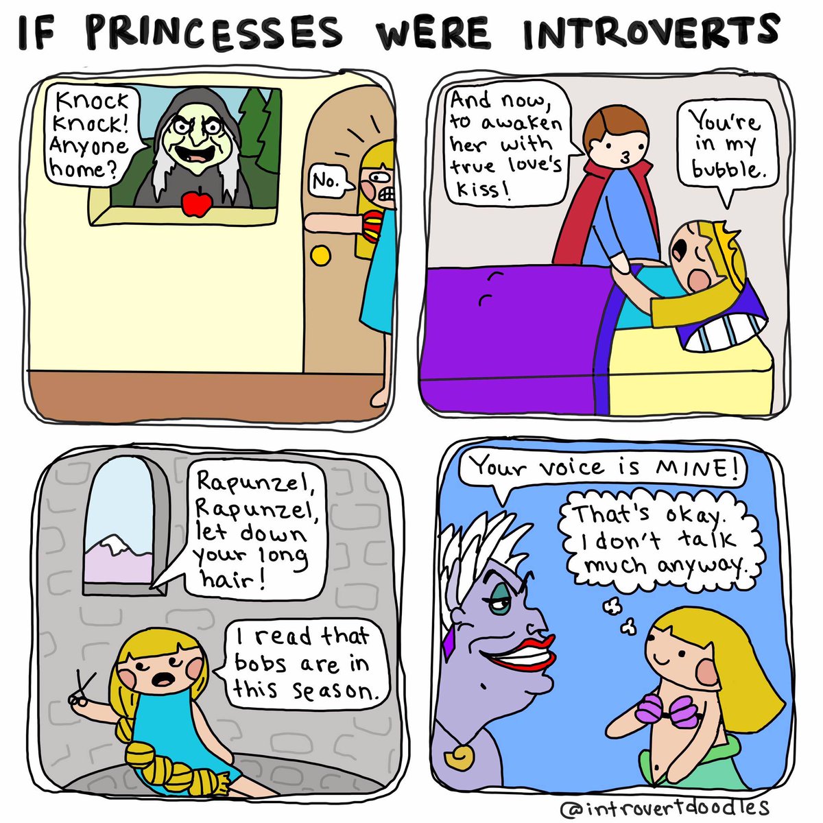 TYPEbyHDS's tweet photo. ¡FELIZ VIERNES! Si las princesas fueran #introvertidas
(via @IntrovertDoodle https://t.co/bcpVwWqcpa