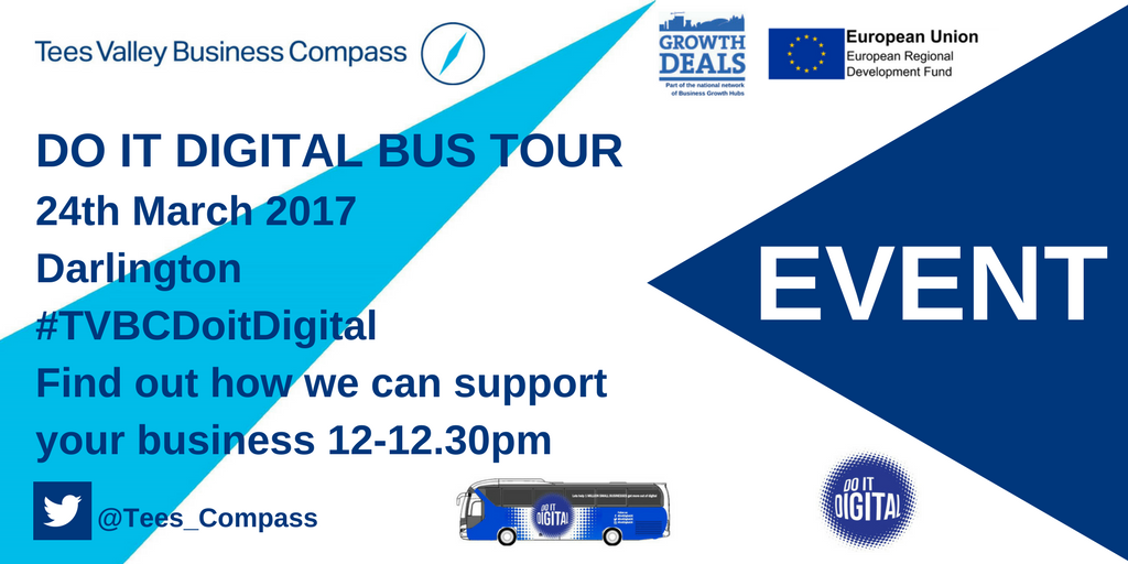 TeesValley_Biz's tweet photo. Calling all #TeesValley businesses. Join us for the @DoItDigitalUK Bus Tour on 24/3. Book here https://t.co/xZLstqZj6c #TVBCDoitDigital https://t.co/WC3OVUaFBV
