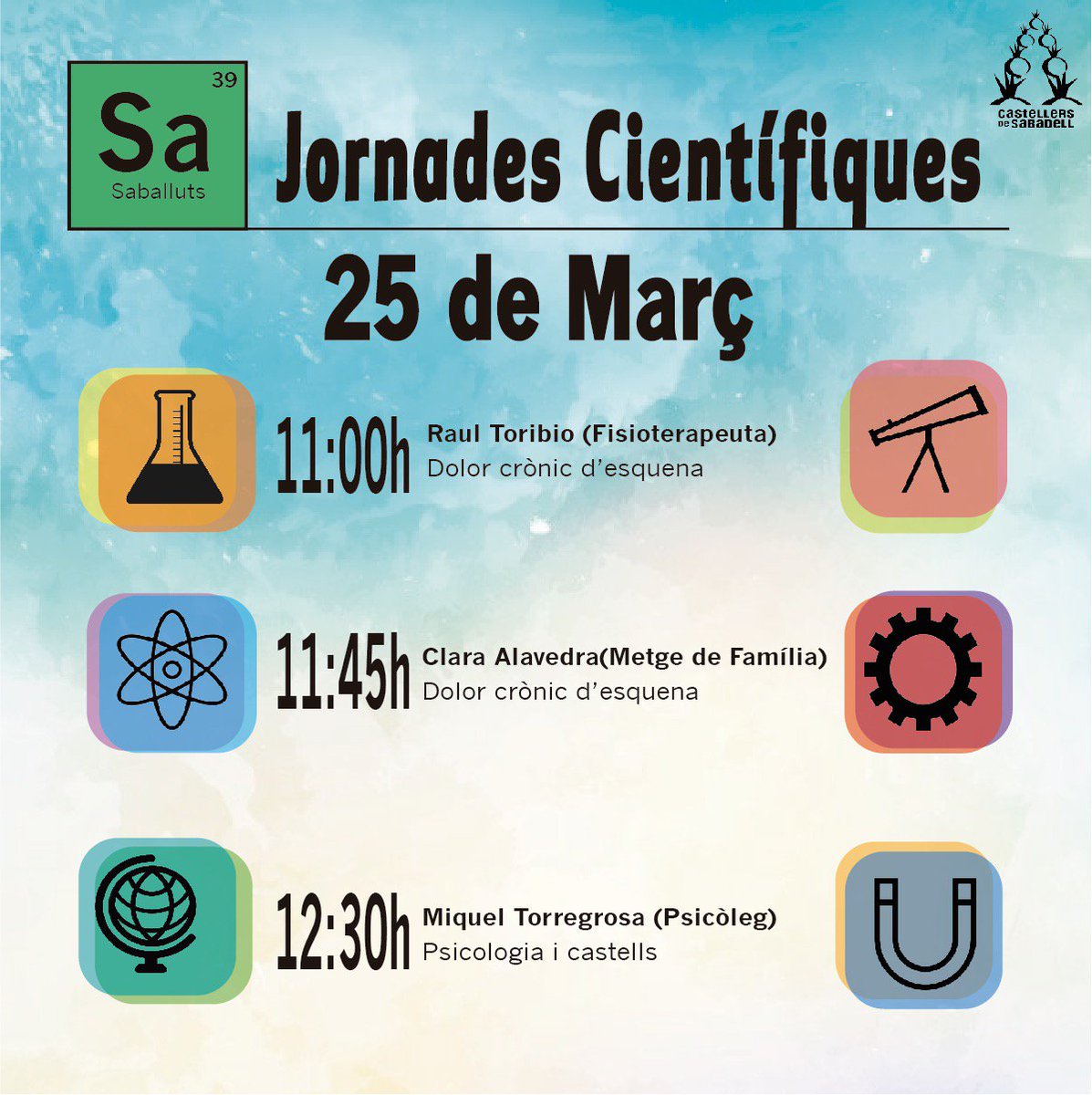 El proper dissabte, Jornades Científiques al local.
Obert als saballuts i a totes les colles.
#castellers