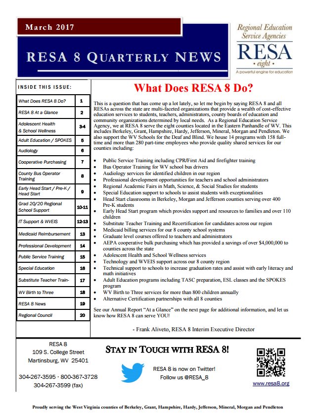 RESA_8's tweet photo. What's New at #RESA_8? Check out our latest newsletter to find out! https://t.co/OpUtaN07js #WVRESAs #SaveRESAs https://t.co/y2SGHnM5Ym