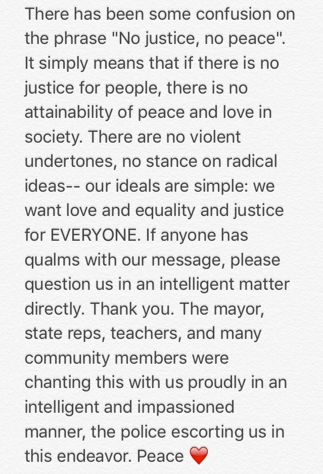 StudentUMarch's tweet photo. Clarification the phrase "No justice, no peace." Unfortunately the chant has been misinterpreted. We stand for LOVE and POSTIVITY. https://t.co/P8VwS8HSPF
