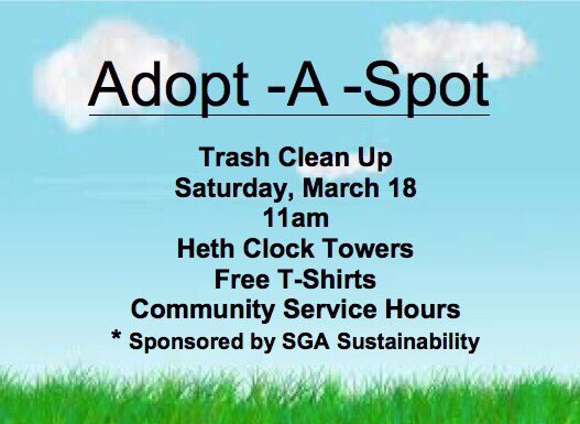 radfordSGA's tweet photo. A trash clean up will take place on March 18th and we will be meeting at the Heth clock towers. There will be free t-shirts! #NewGenSGA https://t.co/qhYza10zay