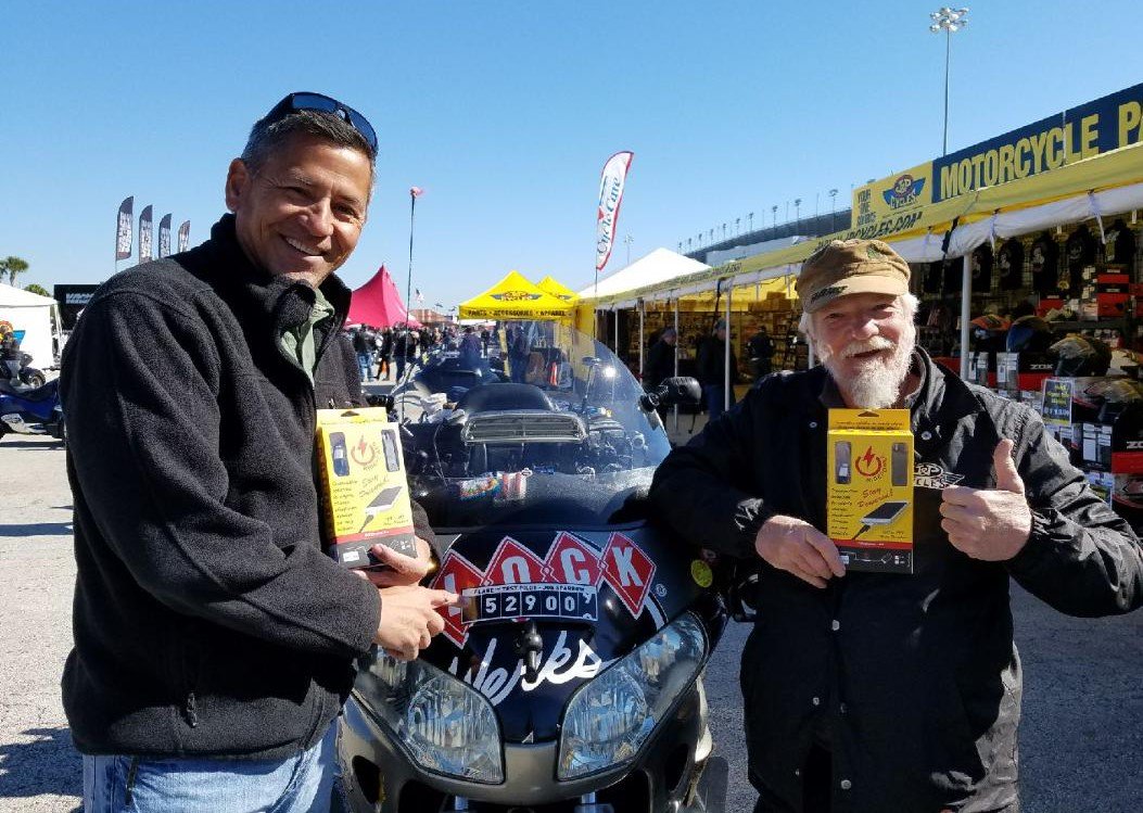 GloDea's tweet photo. Joe Sparrow with #RidePower inventor Steve Young at #Daytona J&P Cycles @JPCycles #WanderingSparrow @DaytonaBikeWeek https://t.co/JcgG3uooQu