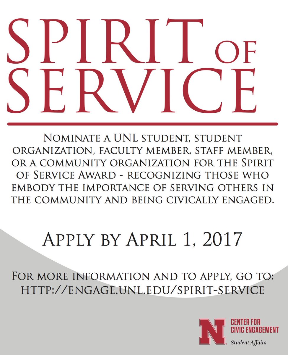 Our university wouldn't be great without the engagement of #UNL &amp; #LNK community members. Nominate them for the Spirit of Service Award!