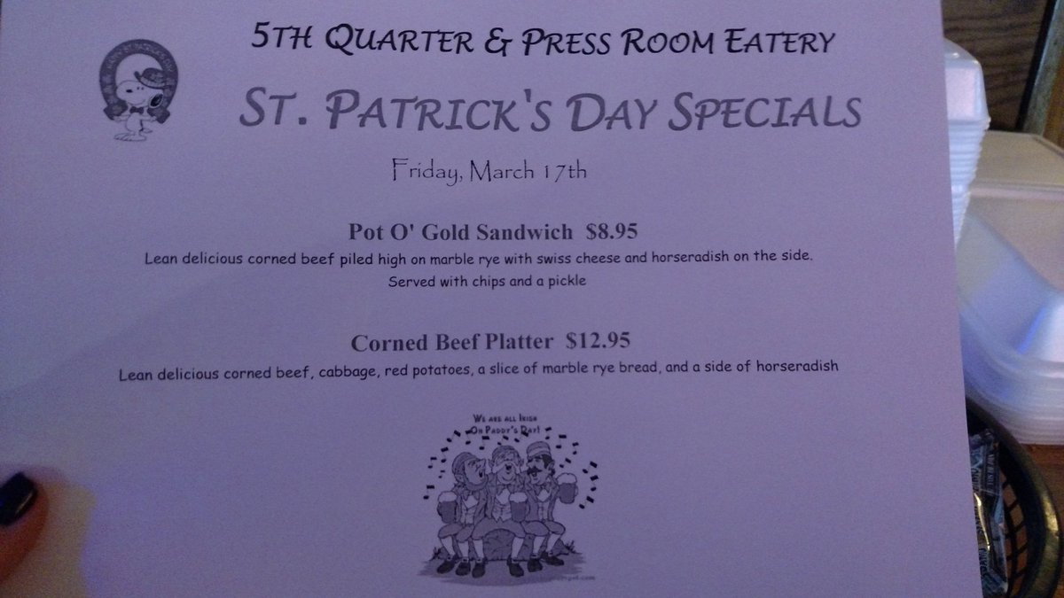 theFifthQ's tweet photo. Happy St Paddy's day! Join us for lunch and dinner specials! Today only! https://t.co/REh95I1MJa