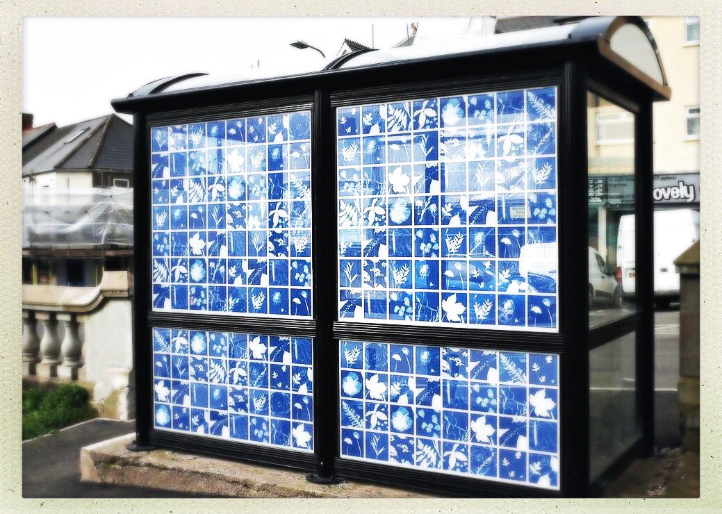 empprojects's tweet photo. Beautiful cyanotypes created by the community &amp; artists @davidcmackie &amp; Parnell adorn bus shelter @ Victoria Gardens, Cadoxton  #cyanotypes https://t.co/AWEuOMM8eQ