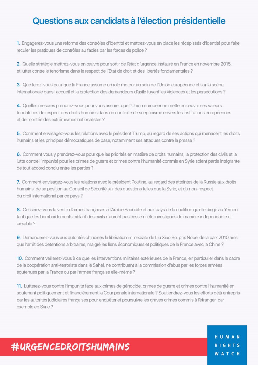 #Présidentielle2017 : pas sans les droits humains ! @hrw_fr pose 11 questions aux candidats #UrgenceDroitsHumains hrw.org/electionfrance