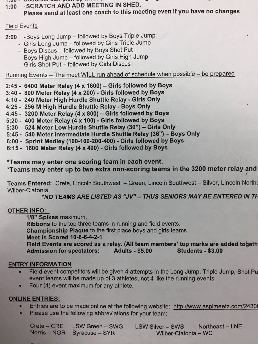 Schedule of events for today’s meet at Lincoln Southwest!!! Looking forward to kicking off the 2017 season with this fine group of athletes!