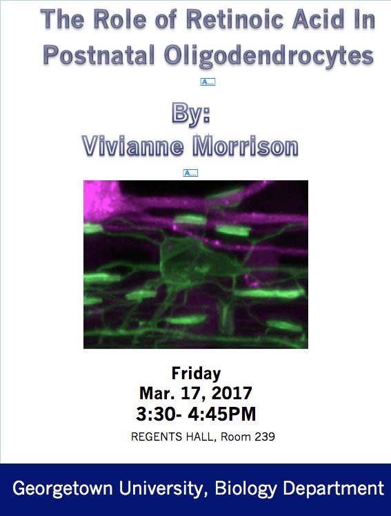 GUBiology's tweet photo. This week’s #GraduateStudentSeminar presented by Vivianne Morrison will focus on retinoic acid signaling! #St.Patrick’sDay #GoGreen https://t.co/h1sCjZOBsK