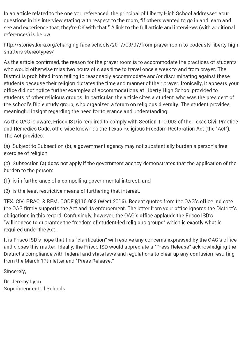 Frisco ISD responds to questions and a letter from the Texas Attorney General regarding Liberty High School. friscoisd.org/news/district-…