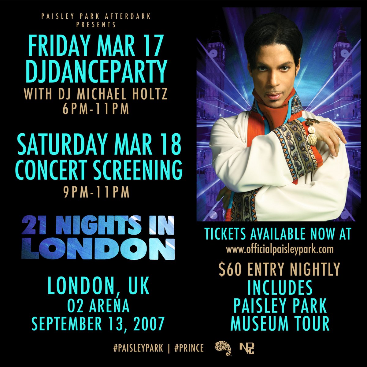 #PaisleyPark AfterDark:
Mar 17 DJDANCEPARTY! w/ <a href="/2themaxxdj/">DJ Michael Holtz</a> 
Mar 18 FILMSCREENING! #21Nights at #O2 #London
officialpaisleypark.com #Prince