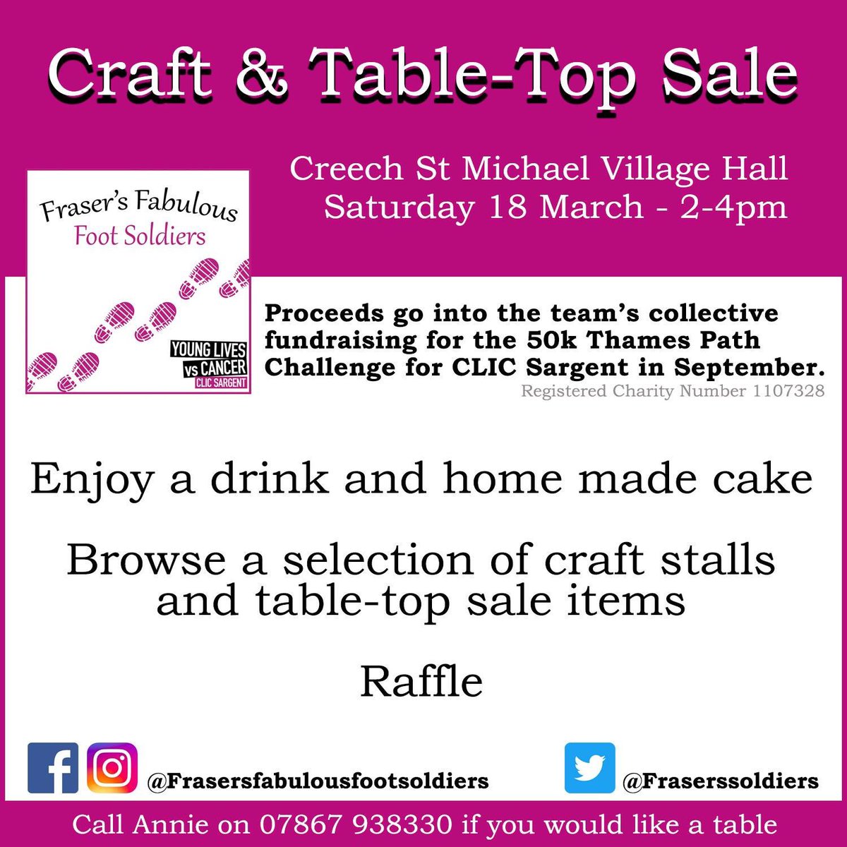 creechstmichael's tweet photo. Event in Creech tomorrow, please support @Fraserssoldiers  - pls share . @GazettePHill @CountyGazette @CountyGazetteEd #taunton #craftfayre https://t.co/iCWSt3vGDK